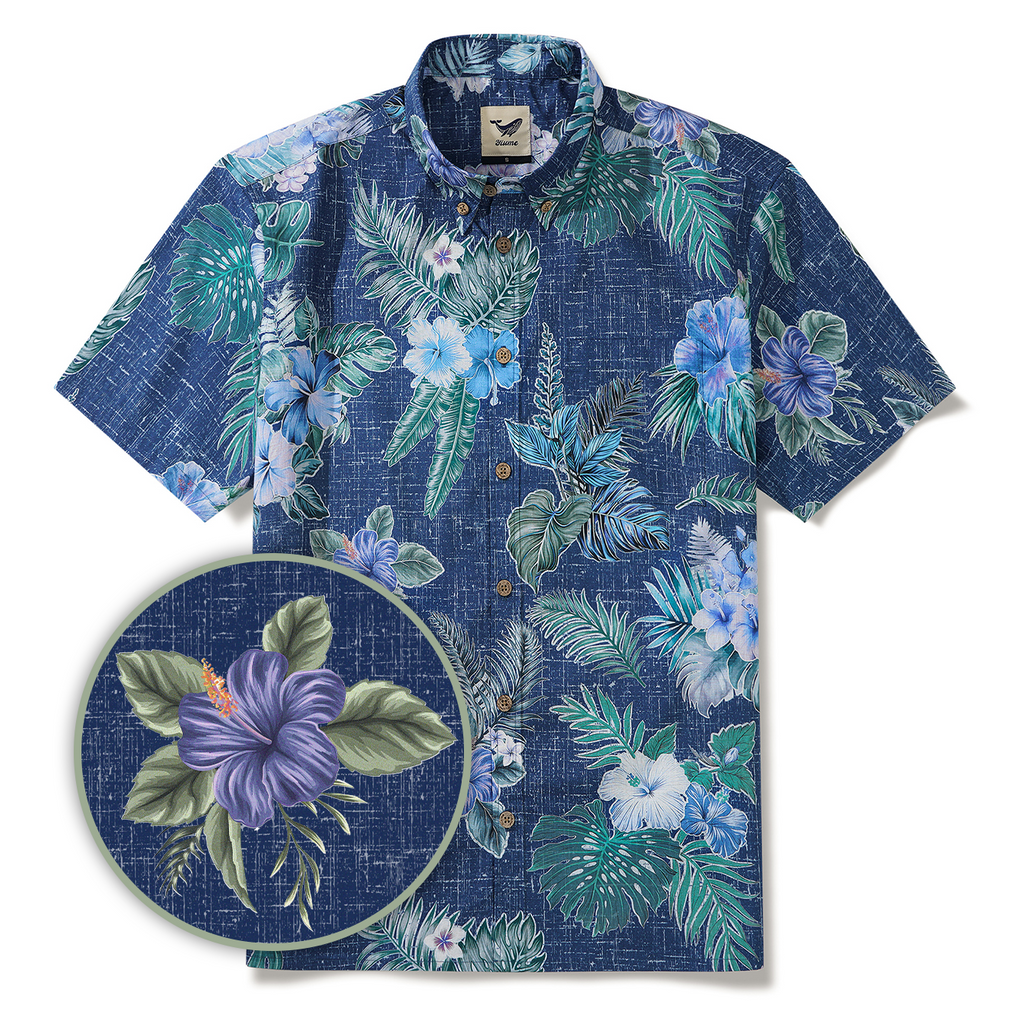 Men's Hawaiian Shirt Short Sleeve Button-down 100% Cotton Green Aloha Tranquil Blue Blossoms
