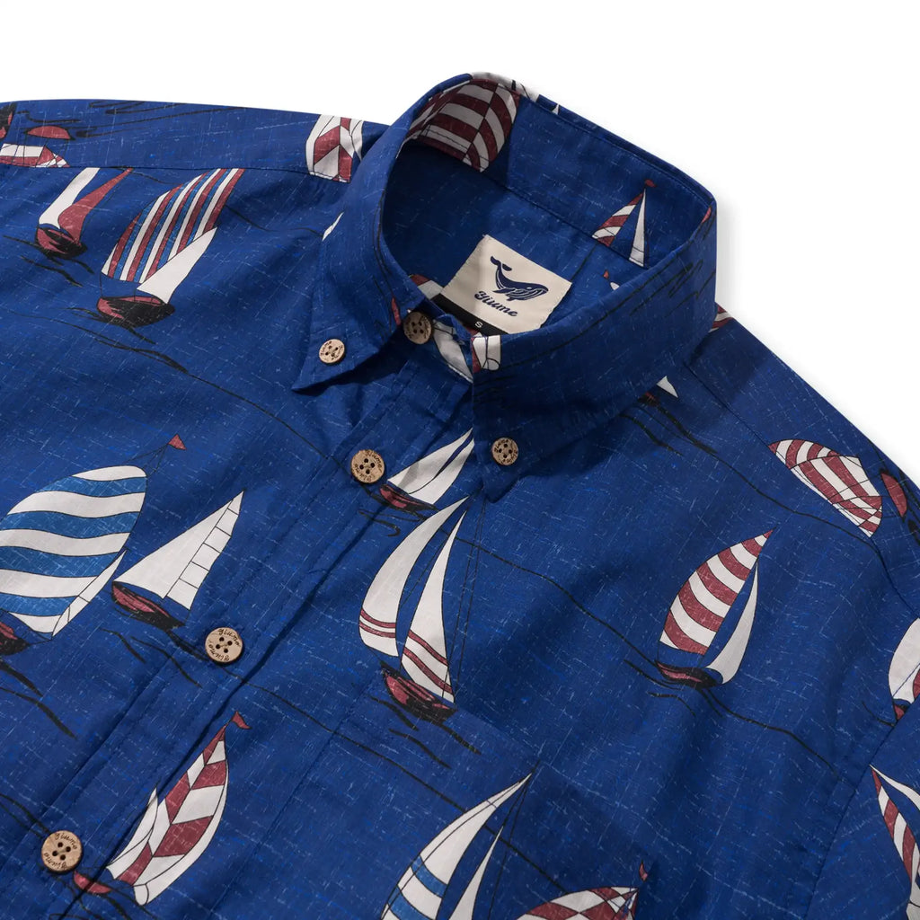 Men's Hawaiian Shirt Short Sleeve Button-down 100% Cotton Blue Aloha Sail into the Horizon