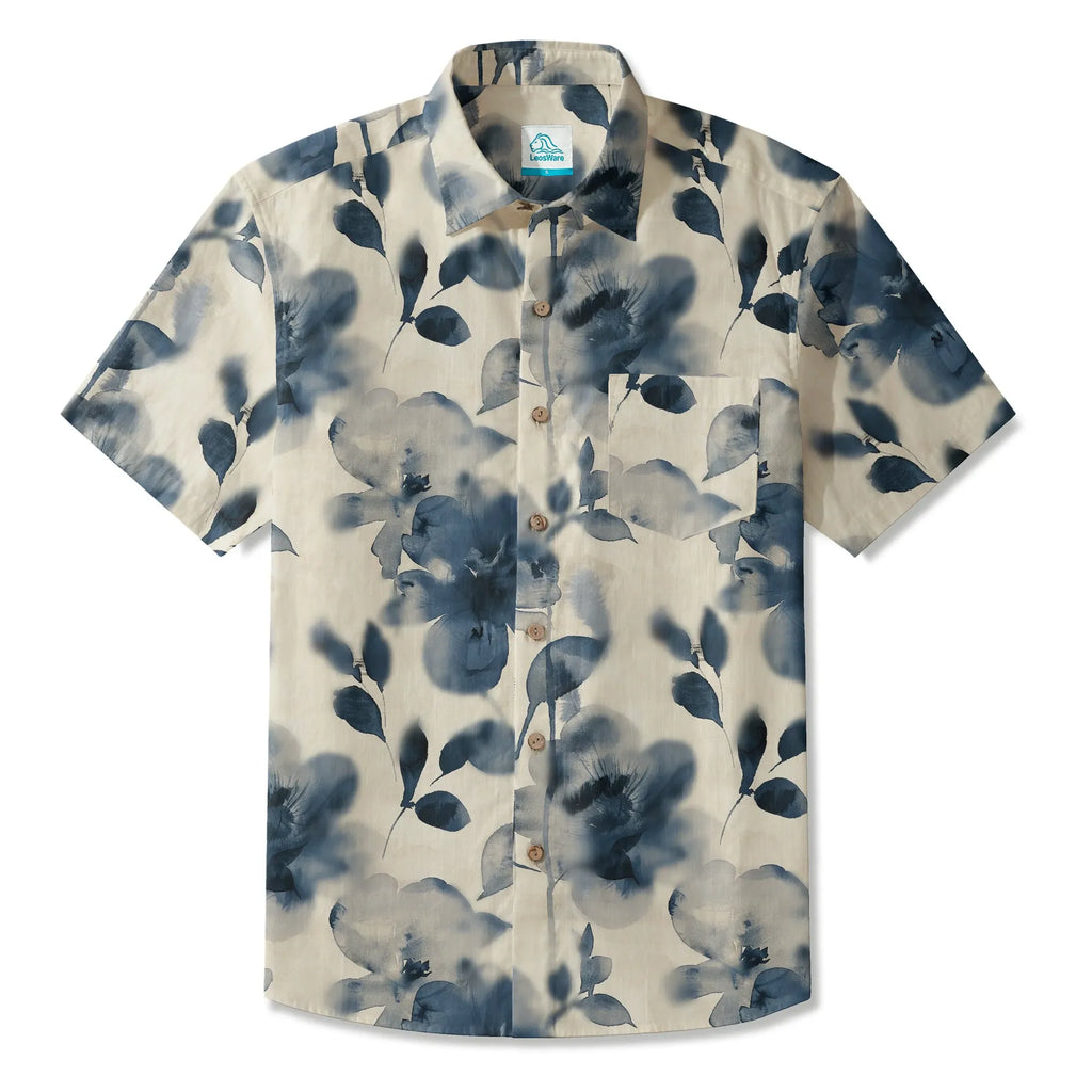 LeosWare® Men's Hawaiian Shirt Short Sleeve Button-up 100% Cotton Blue Aloha Blue And White Ink Charm