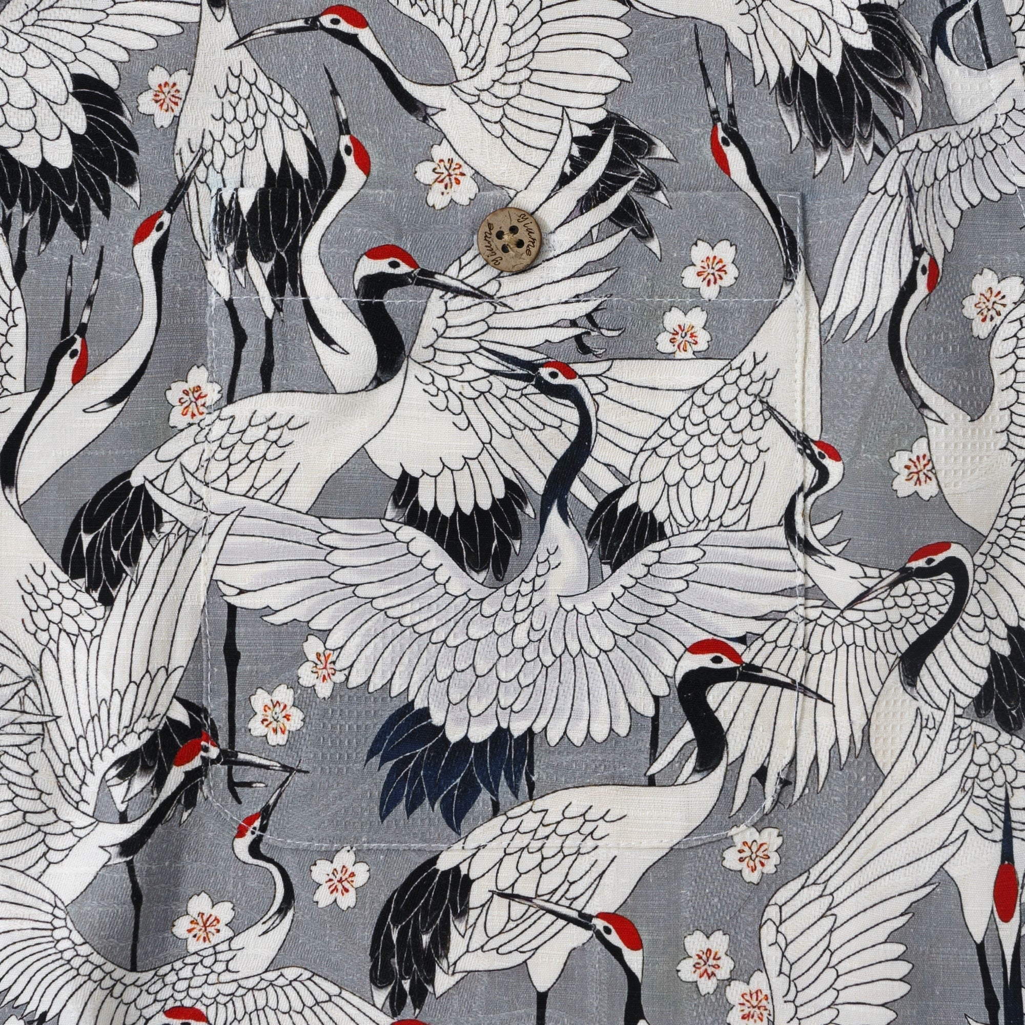 Men's Hawaiian Shirt Short Sleeve Camp Collar 100% Silk Gray Aloha The Feast Of Cranes