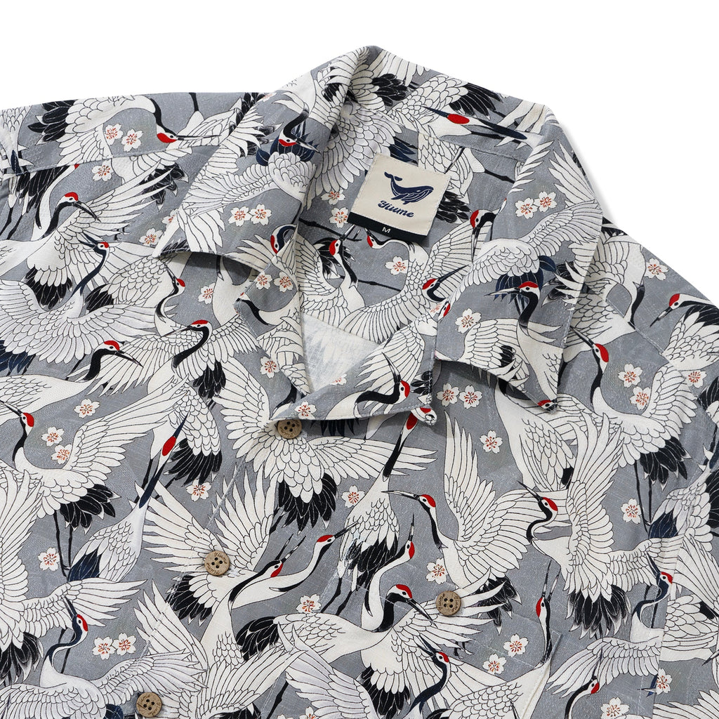 Men's Hawaiian Shirt Short Sleeve Camp Collar 100% Silk Gray Aloha The Feast Of Cranes