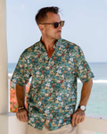 Men's Tropical Hawaiian Shirt Green Cotton Button-down Short Sleeve Aloha Shirt Jungle Adventure