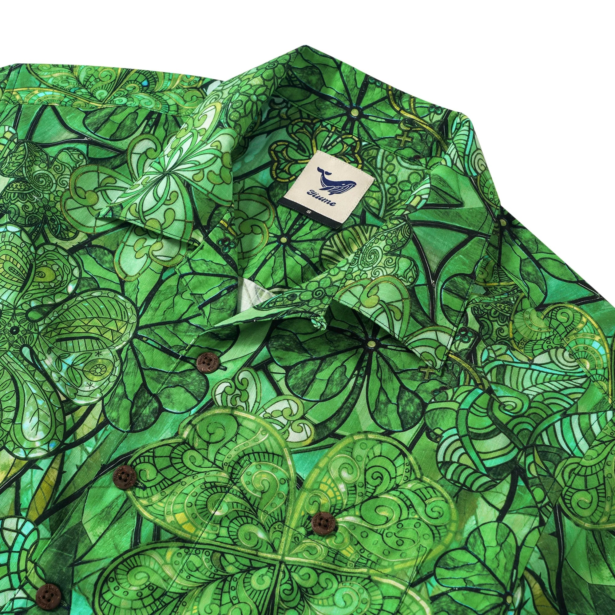 St. Patrick's Day Gift Men's Hawaiian Shirt Short Sleeve Camp Collar 100% Cotton Green Aloha Green Glass Lucky Four-leaf Clover