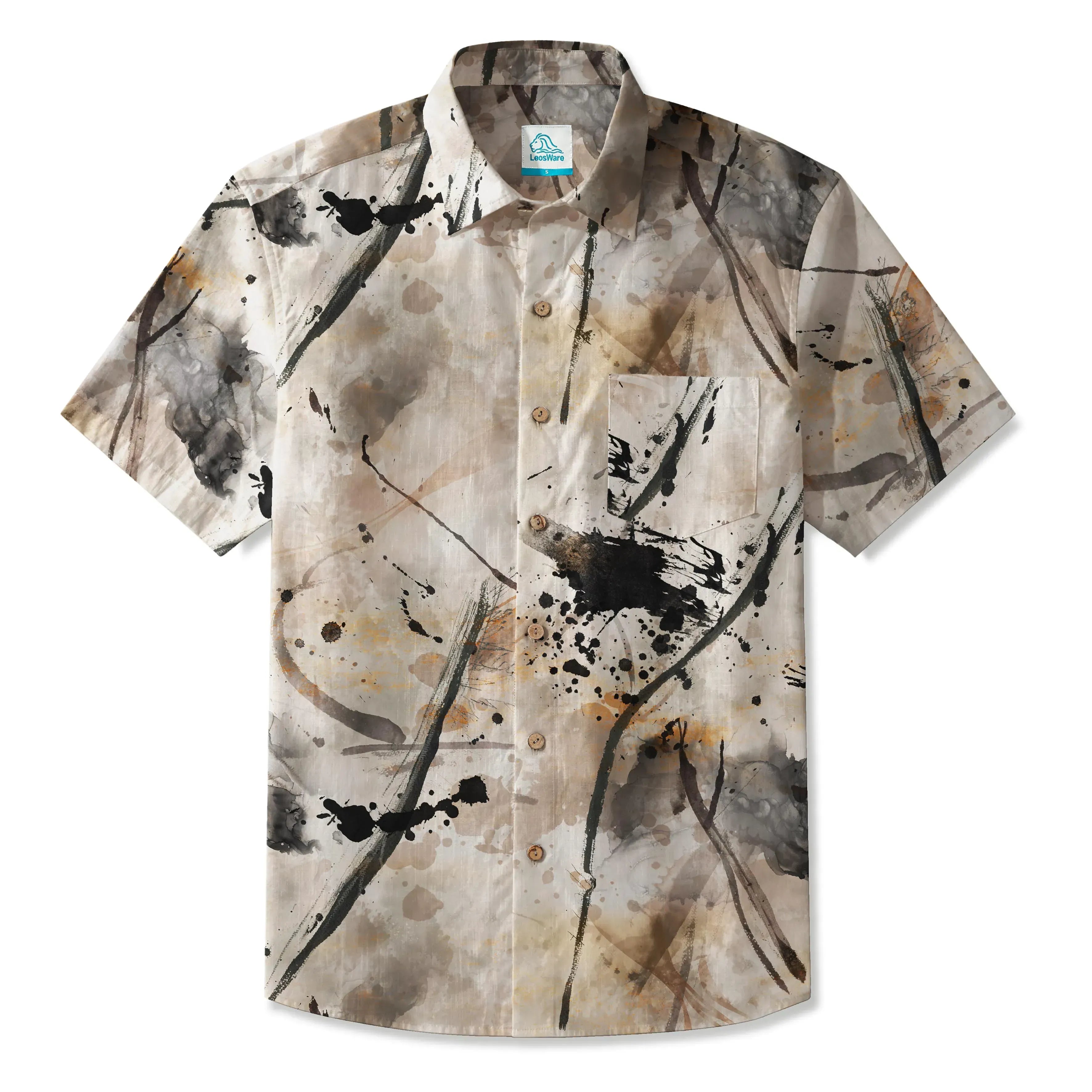 LeosWare® Men's Hawaiian Shirt Short Sleeve Button-up 100% Cotton Brown Aloha Journey Of Abstraction