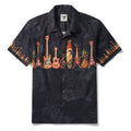 Music Men's Hawaiian Shirt Short Sleeve Camp Collar 100% Cotton Black Aloha Island Serenade