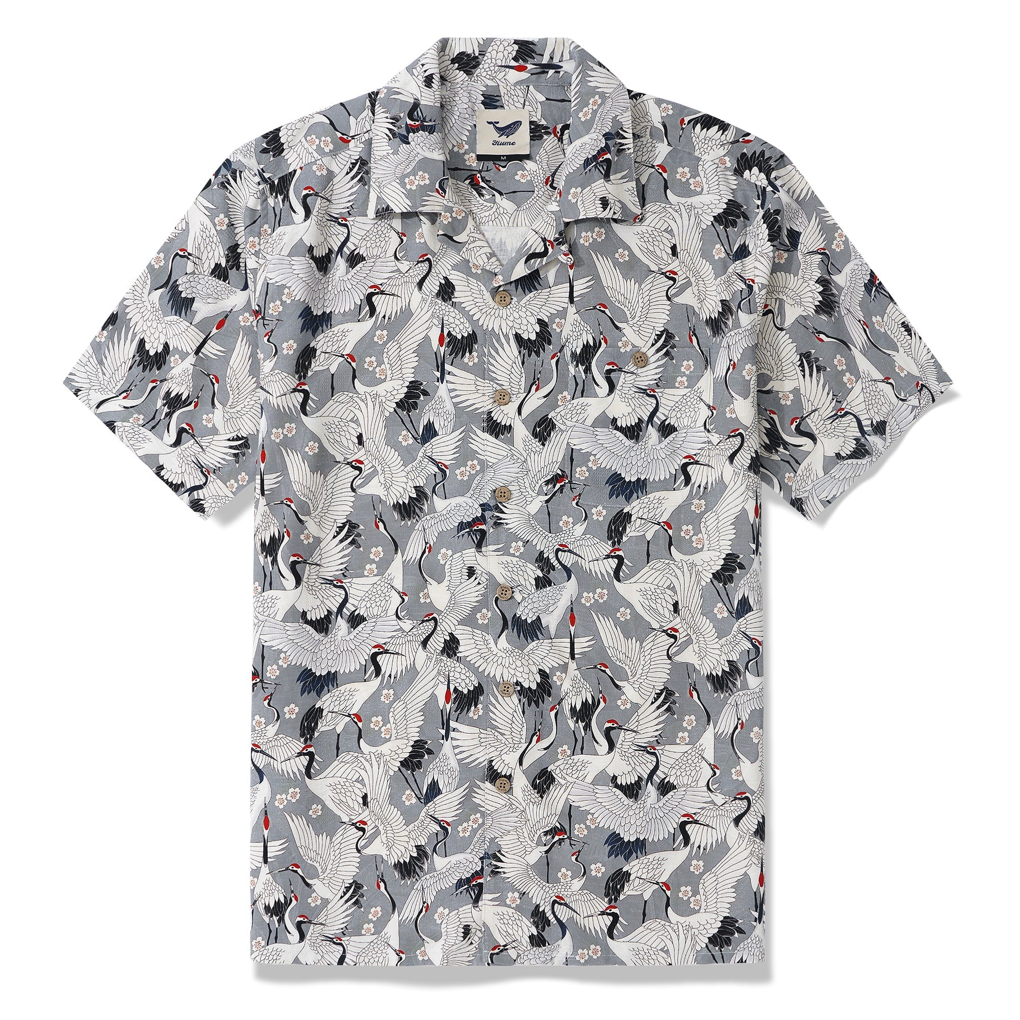 Men's Hawaiian Shirt Short Sleeve Camp Collar 100% Silk Gray Aloha The Feast Of Cranes