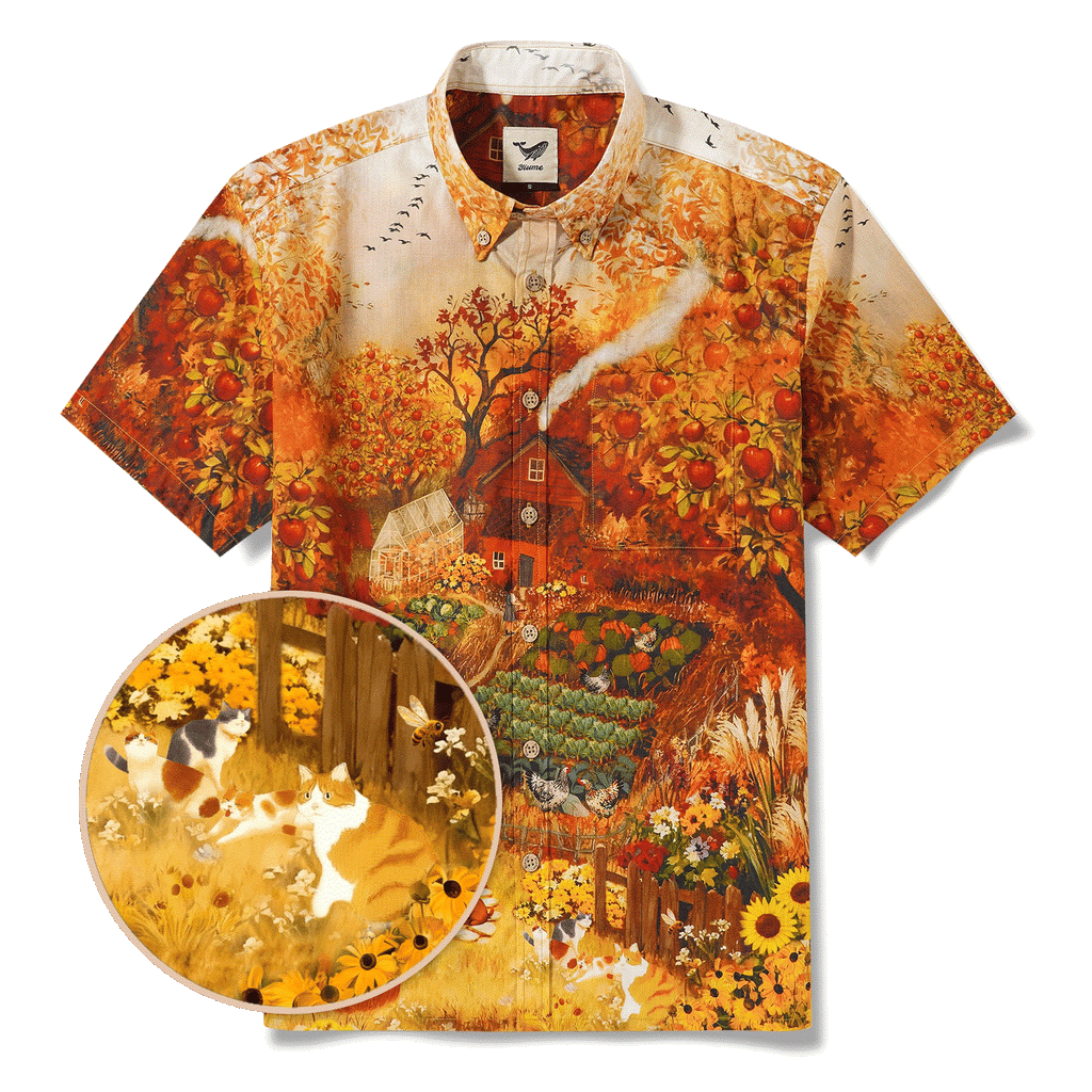 Men's Hawaiian Shirt Short Sleeve Button-down 100% Cotton Yellow Aloha Autumn Countryside Charms Fall Apple Cat Dog Countryside Yard Harvest