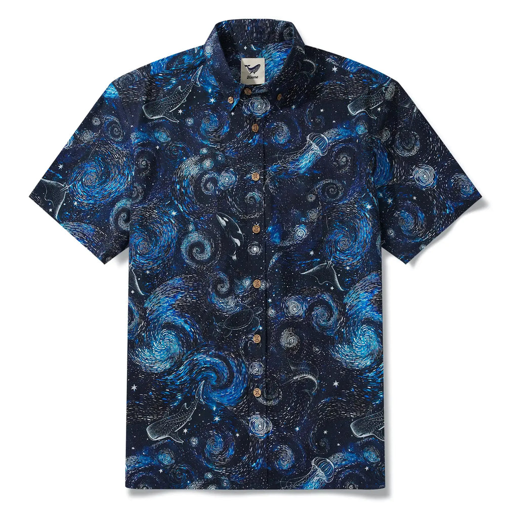 Men's Hawaiian Shirt Short Sleeve Button-down 100% Cotton Blue Aloha Dreams Of The Starry Sea Jellyfish Whale