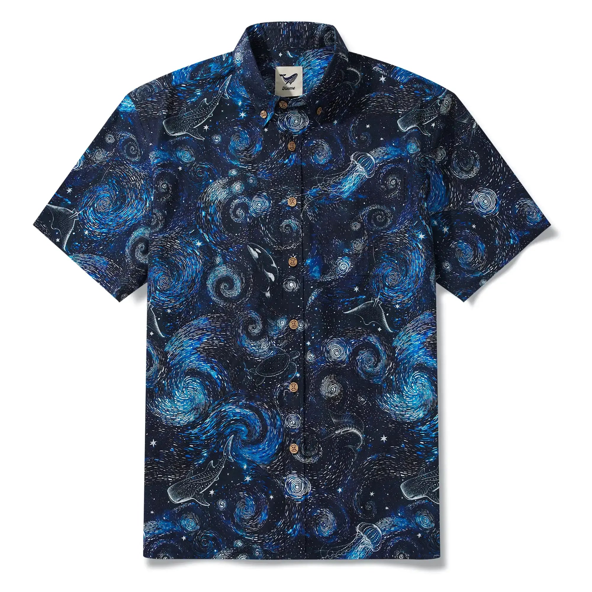 Men's Hawaiian Shirt Short Sleeve Button-down 100% Cotton Blue Aloha Dreams Of The Starry Sea Jellyfish Whale