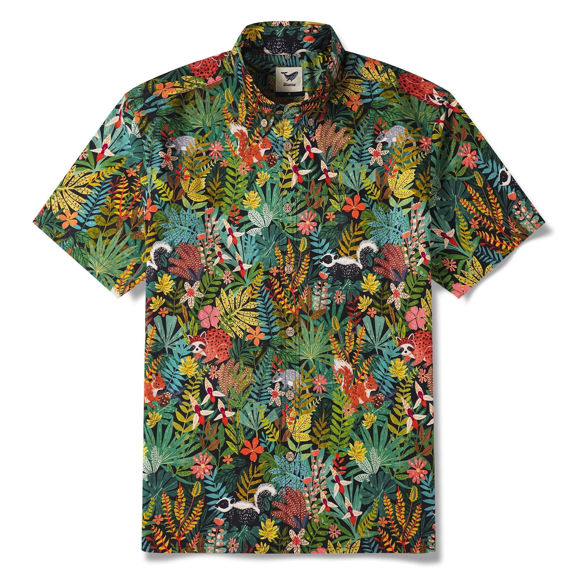 Squirrel Men's Hawaiian Shirt Short Sleeve Button-down 100% Cotton Green Aloha Forest Fairytale