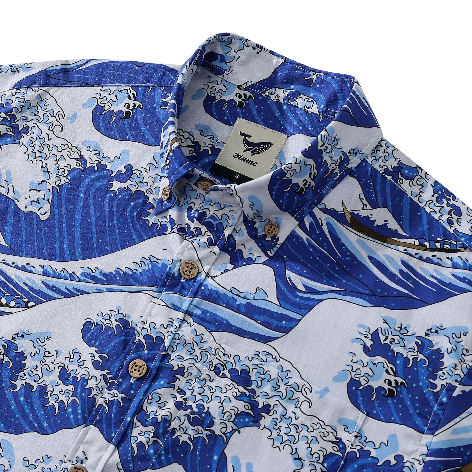 Mens Great Wave Shirt Blue Hawaiian Shirt Short Sleeve Button-down 100% Cotton Japanese Ukiyo-e Shirt