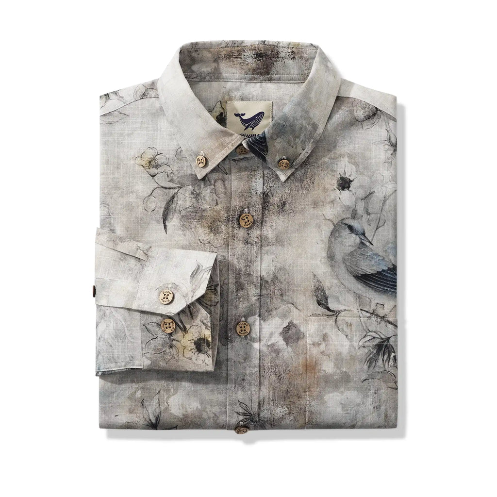 Men's Hawaiian Shirt Long Sleeve Button-down 100% Cotton Gray Aloha Floral Shadows and Sparrow Grace