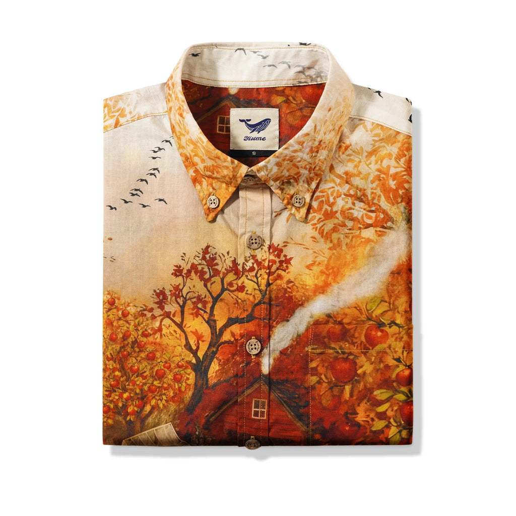 Men's Hawaiian Shirt Short Sleeve Button-down 100% Cotton Yellow Aloha Autumn Countryside Charms Fall Apple Cat Dog Countryside Yard Harvest