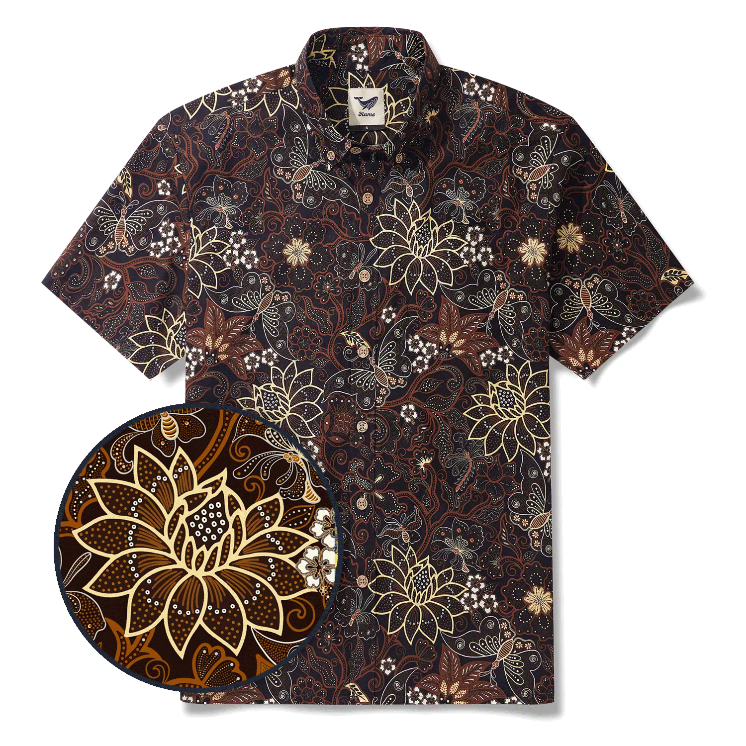 Men's Hawaiian Shirt Short Sleeve Button-down 100% Cotton Yellow Aloha Enchanting Blooms And Butterflies