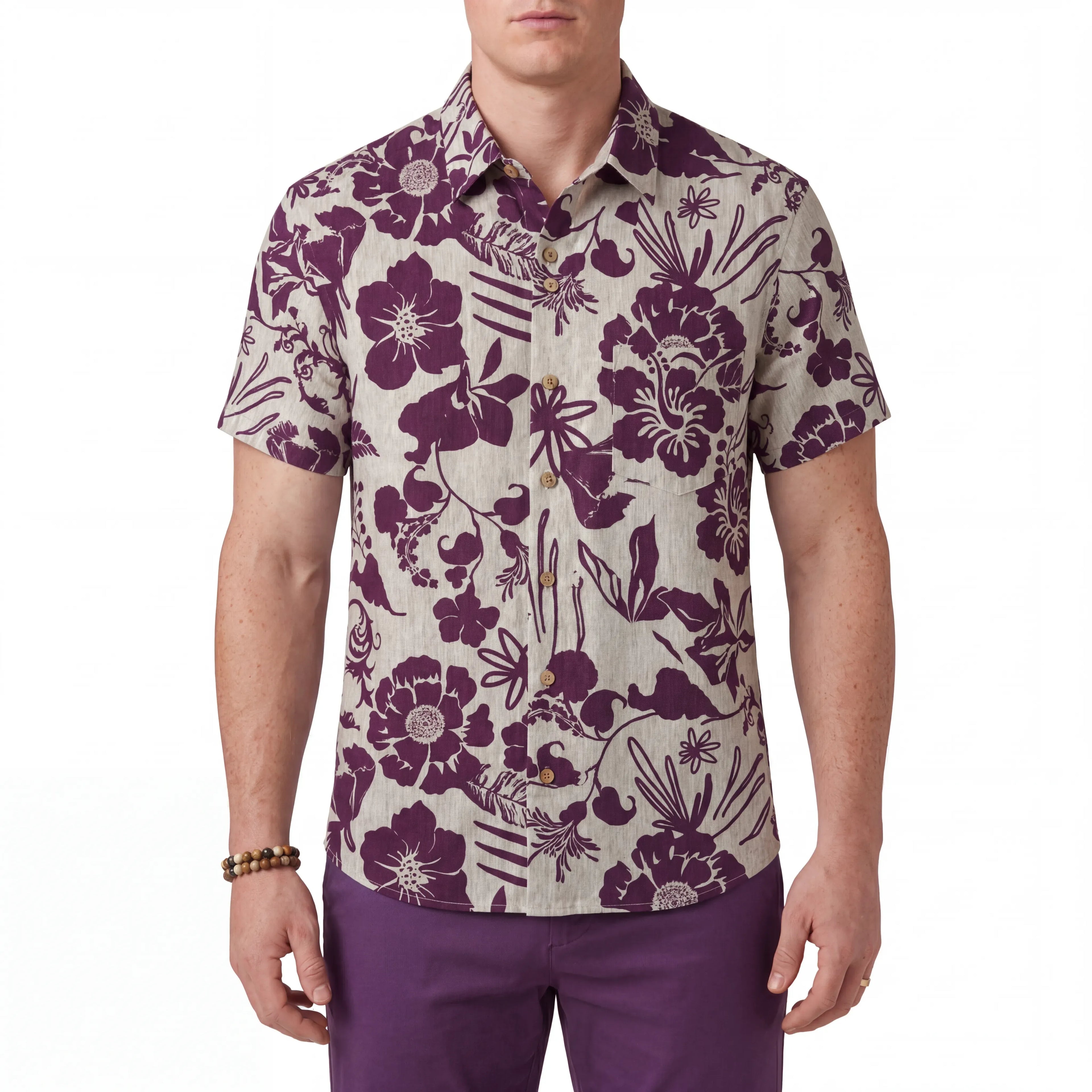 LeosWare® Men's Hawaiian Shirt Short Sleeve Button-up 100% Cotton Red Aloha Floral Silhouette