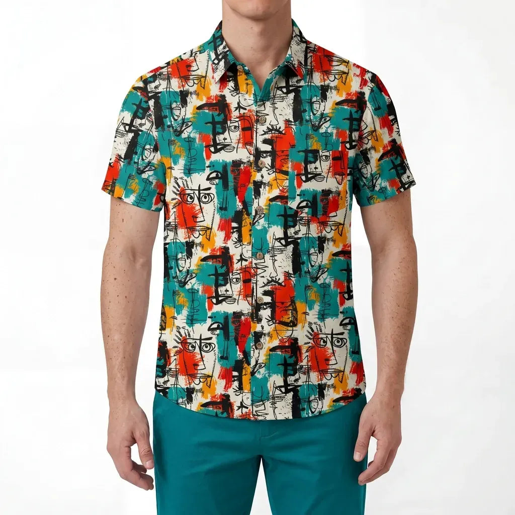 LeosWare® Men's Hawaiian Shirt Short Sleeve Button-up 100% Cotton Aloha Face Doodle