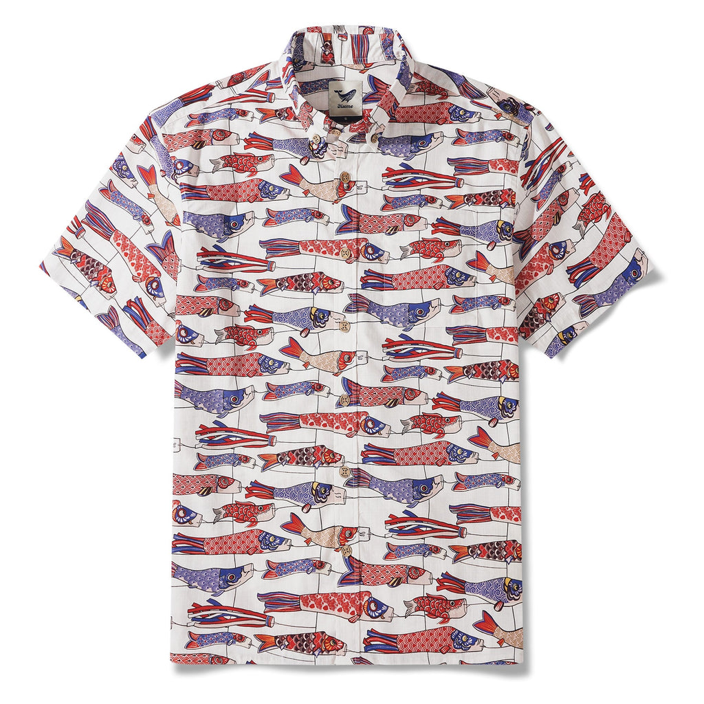 Men's Hawaiian Shirt Short Sleeve Button-down 100% Cotton Beige Aloha Koi in the Wind