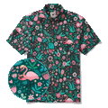 Men's Hawaiian Shirt Short Sleeve Button-down 100% Cotton Green Aloha Blush in the Jungle Flamingo