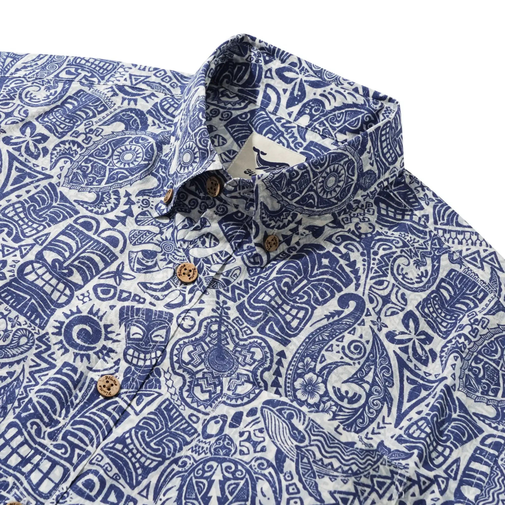 Men's Hawaiian Shirt Short Sleeve Button-down 100% Cotton Blue Aloha Tiki Retro Totem