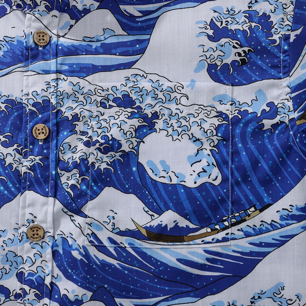 Mens Great Wave Shirt Blue Hawaiian Shirt Short Sleeve Button-down 100% Cotton Japanese Ukiyo-e Shirt