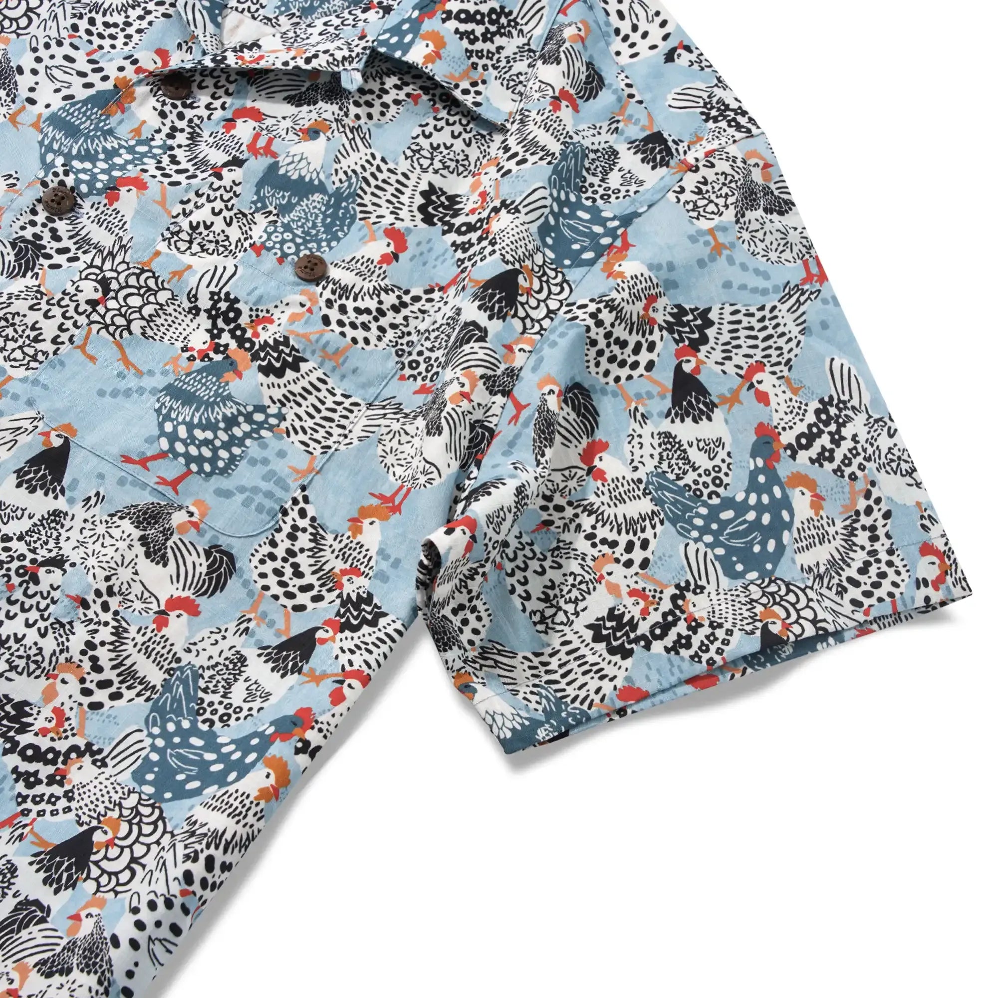 Men's Hawaiian Shirt Short Sleeve Camp Collar 100% Cotton Blue Aloha Clucking Chicken Friends By Annick Schmidt-reichardt
