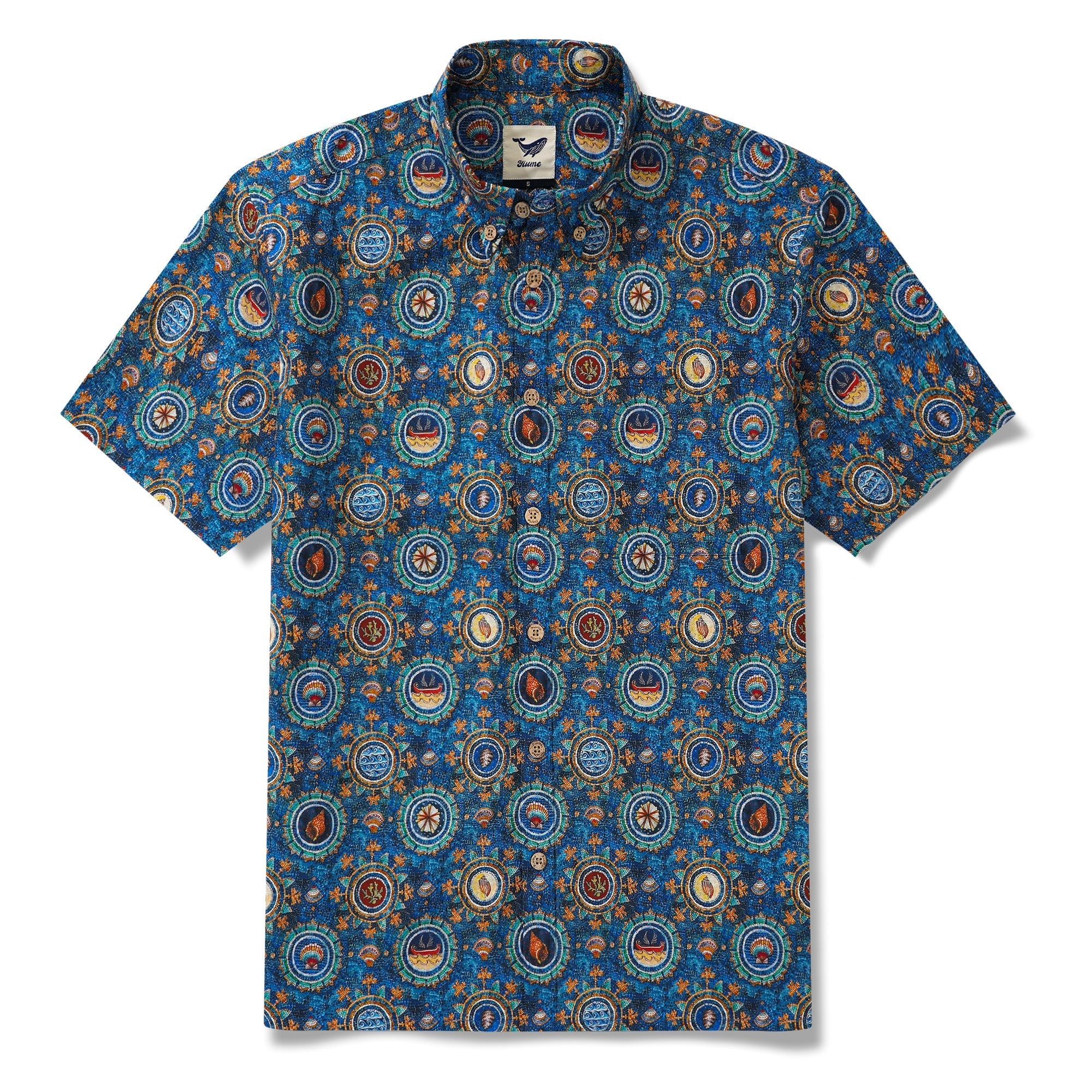 Men's Hawaiian Shirt Short Sleeve Button-down 100% Cotton Blue Aloha Shell Mosaic