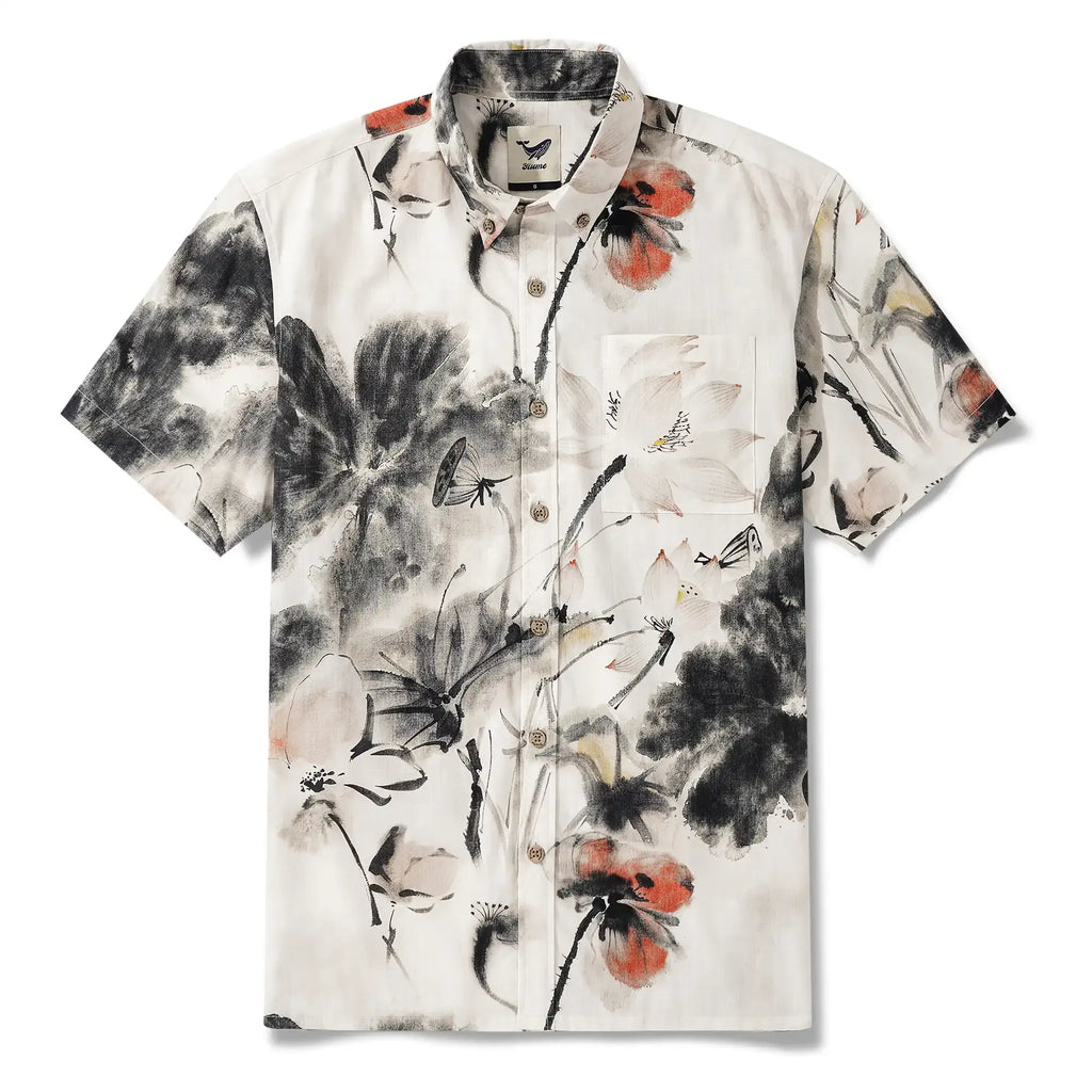 Men's Hawaiian Shirt Short Sleeve Button-down 100% Cotton Gray Aloha Eastern Lotus Elegance Chinese Style Ink Wash Art
