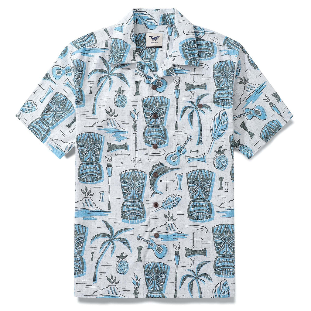 Tiki Men's Hawaiian Shirt Short Sleeve Camp Collar 100% Cotton Blue Aloha