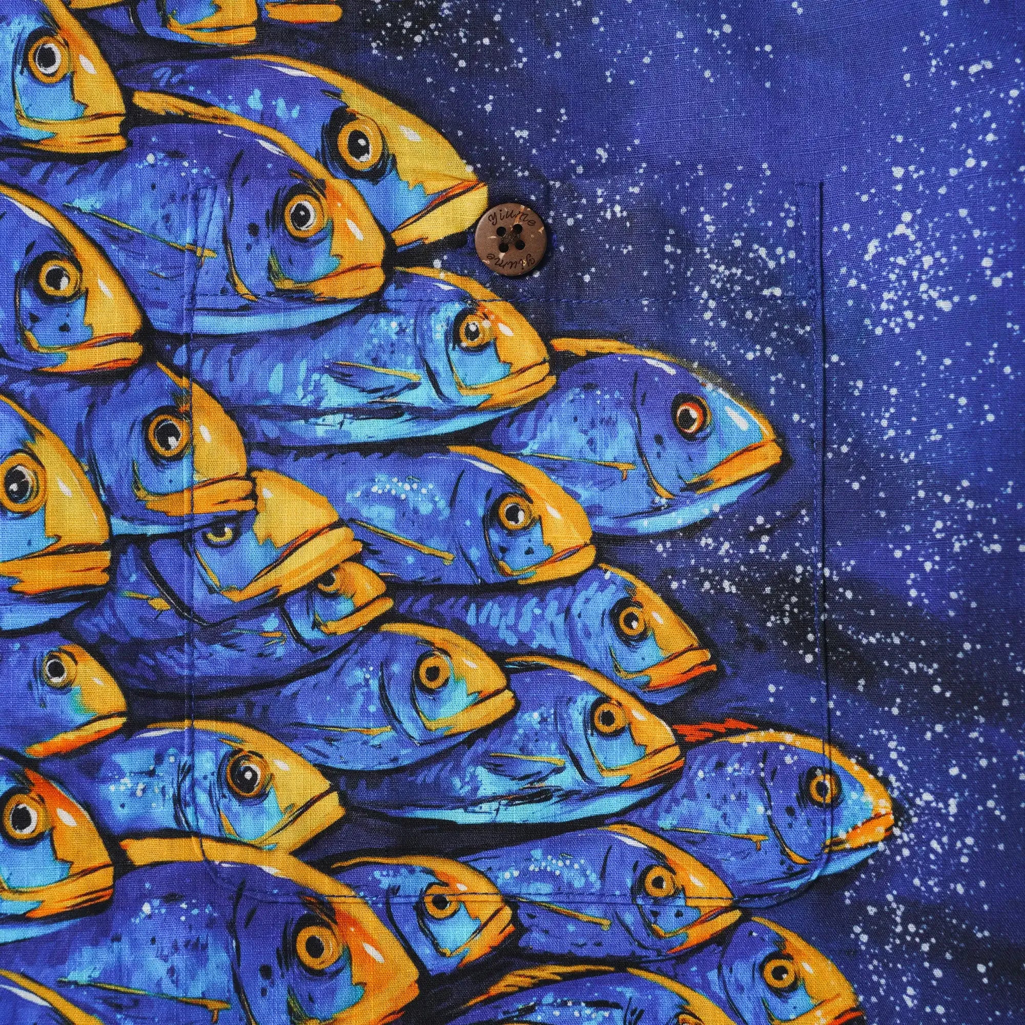 Men's Hawaiian Shirt Short Sleeve Camp Collar 100% Cotton Blue Aloha Ocean Fish Symphony
