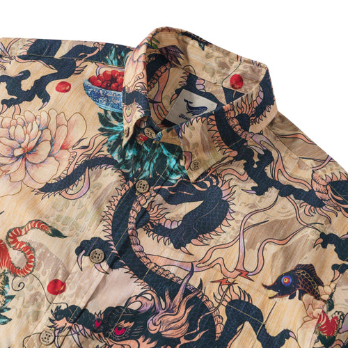 Dragon Shirt 100% Cotton Hawaiian Shirt Men's Short Sleeve Button-down Shirt Aloha Shirt Dragon Dance And Cherry Blossoms