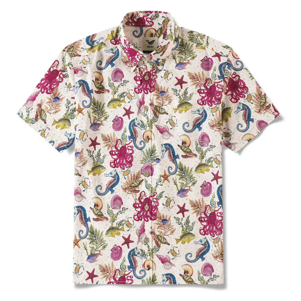 Yiume® Hawaiian Shirt For Men Shirt 100% Cotton Hawaiian Shirt Red Marine Life