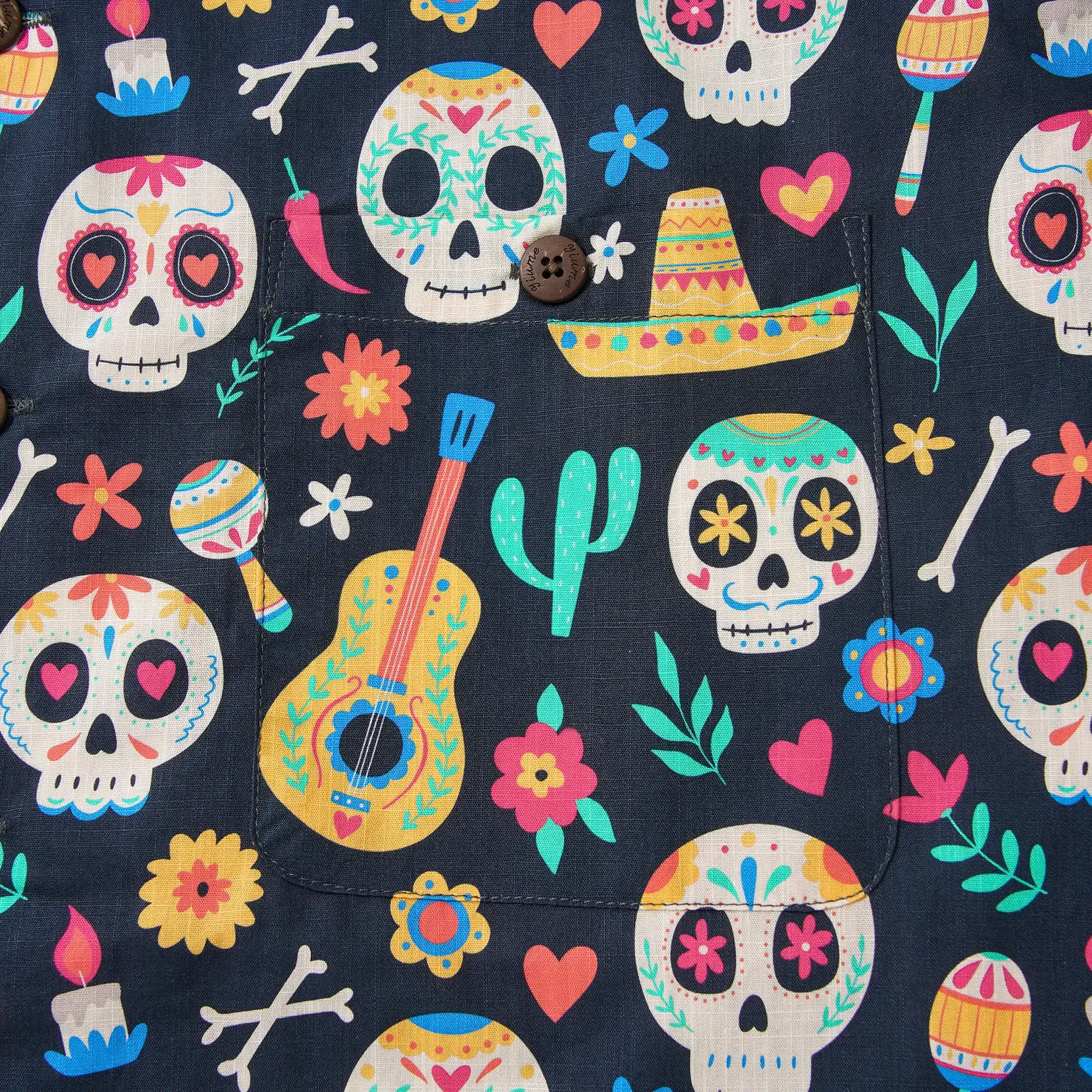 Men's Hawaiian Shirt Short Sleeve Camp Collar 100% Cotton Black Aloha Fiesta Sugar Skulls By Irina Ostapenko Mexican Style