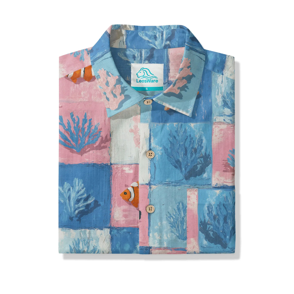 LeosWare® Plaid Men's Hawaiian Shirt Short Sleeve Button-up 100% Cotton Blue Aloha Oceanic Chessboard