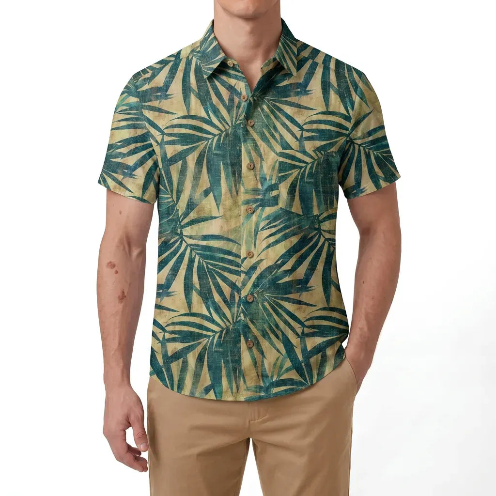 LeosWare® Men's Hawaiian Shirt Short Sleeve Button-up 100% Cotton Green Aloha Vintage Palm