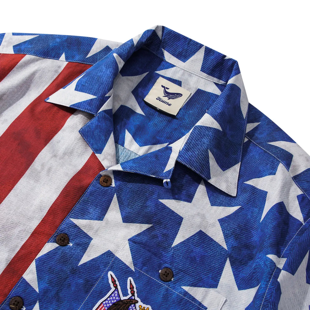 Men's Hawaiian Shirt Short Sleeve Camp Collar 100% Cotton Blue Aloha Patriot's Honor