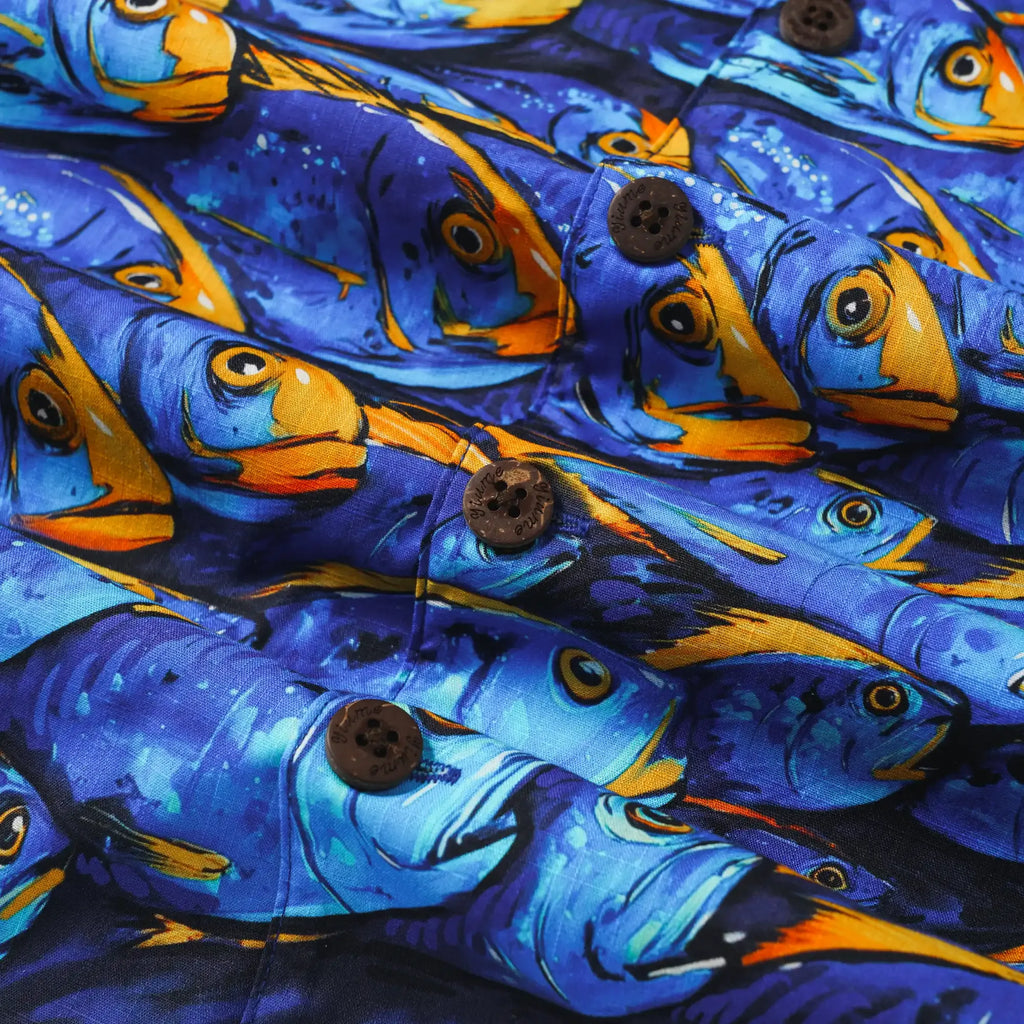 Men's Hawaiian Shirt Short Sleeve Camp Collar 100% Cotton Blue Aloha Ocean Fish Symphony