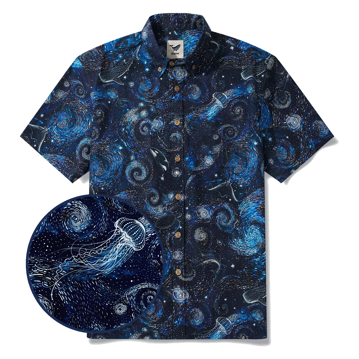 Men's Hawaiian Shirt Short Sleeve Button-down 100% Cotton Blue Aloha Dreams Of The Starry Sea Jellyfish Whale