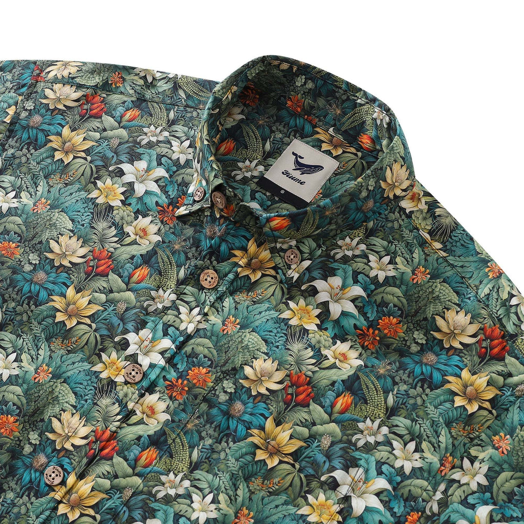 Men's Tropical Hawaiian Shirt Green Cotton Button-down Short Sleeve Aloha Shirt Jungle Adventure