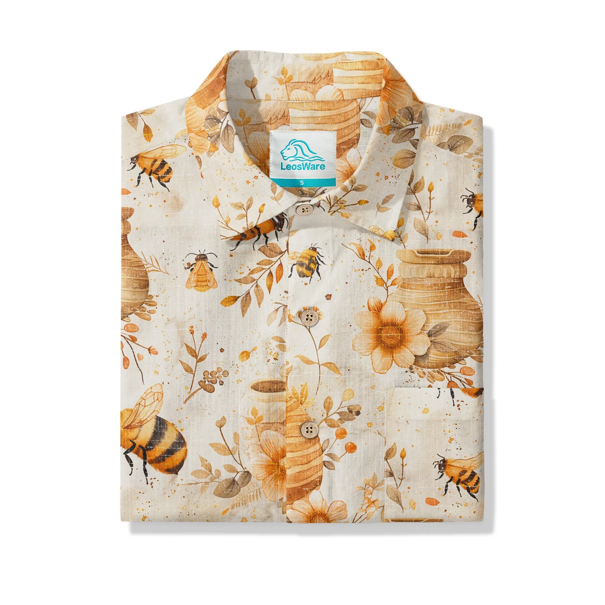 LeosWare® Men's Hawaiian Shirt Short Sleeve Button-up 100% Cotton Yellow Aloha Autumn Harvest In The Honey Garden Bee
