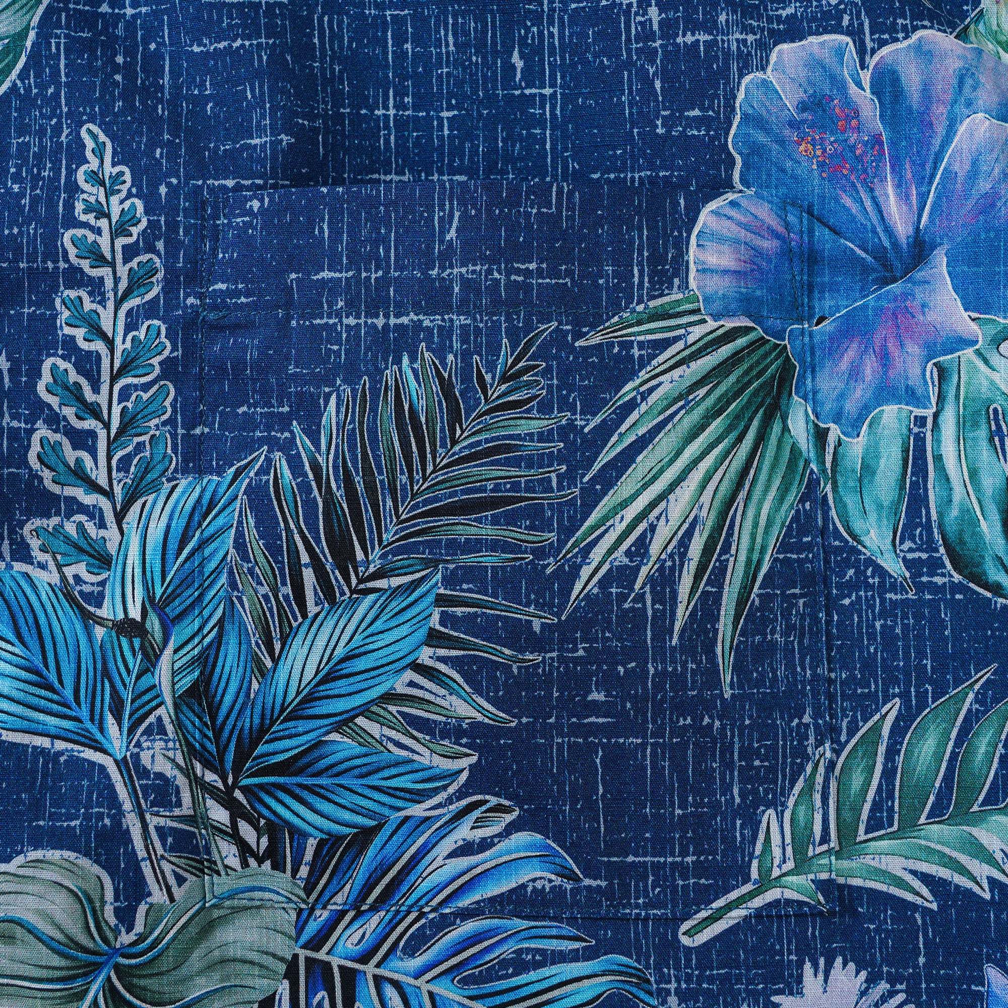 Men's Hawaiian Shirt Short Sleeve Button-down 100% Cotton Green Aloha Tranquil Blue Blossoms