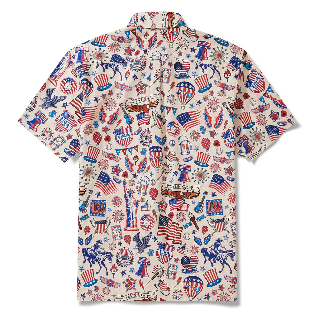 Men's Hawaiian Shirt Short Sleeve Button-down 100% Cotton Blue Red Aloha Liberty’s Patriot Canvas