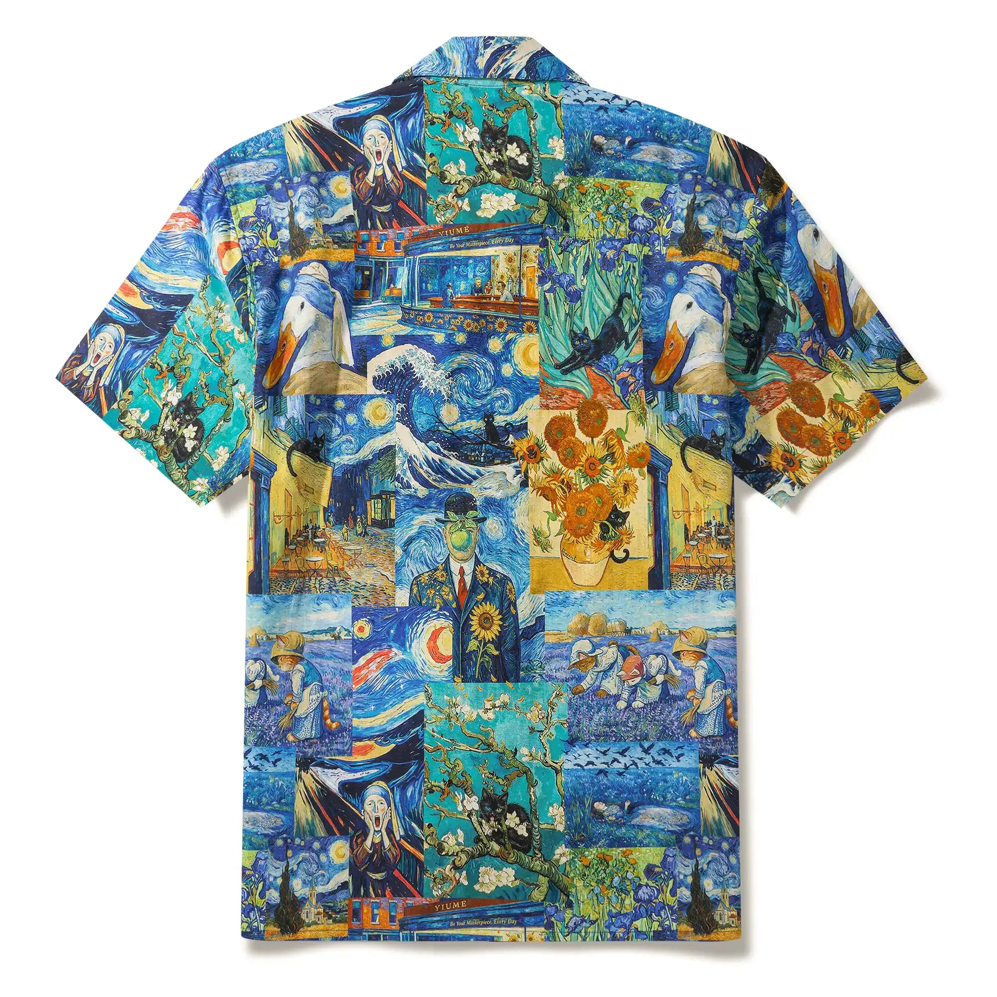 Men's Hawaiian Shirt Short Sleeve Camp Collar 100% Cotton Blue Aloha Starry Night Cat Fantasy