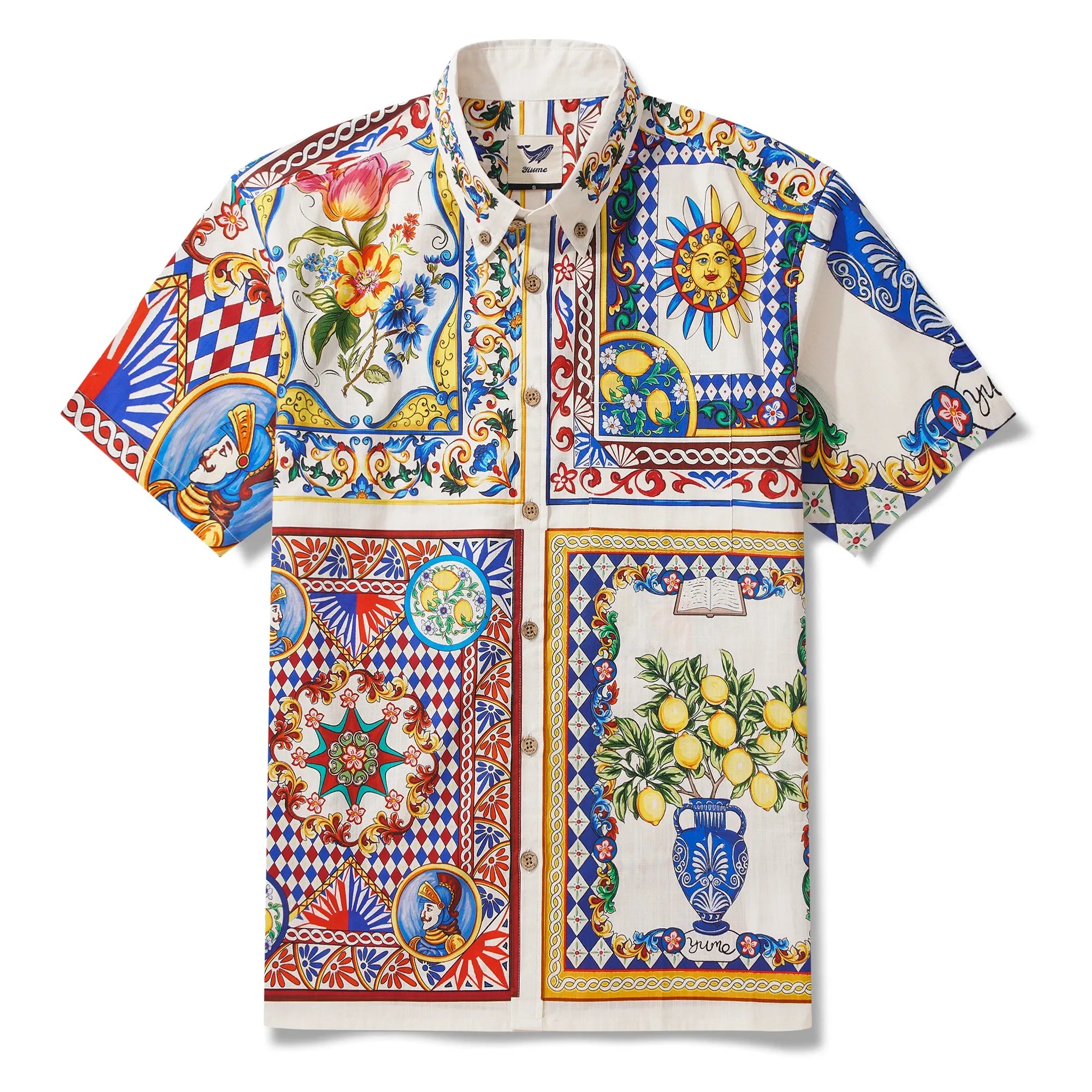 Men's Hawaiian Shirt Short Sleeve Button-down 100% Cotton Blue Flower Aloha Lemon Sicily Venice