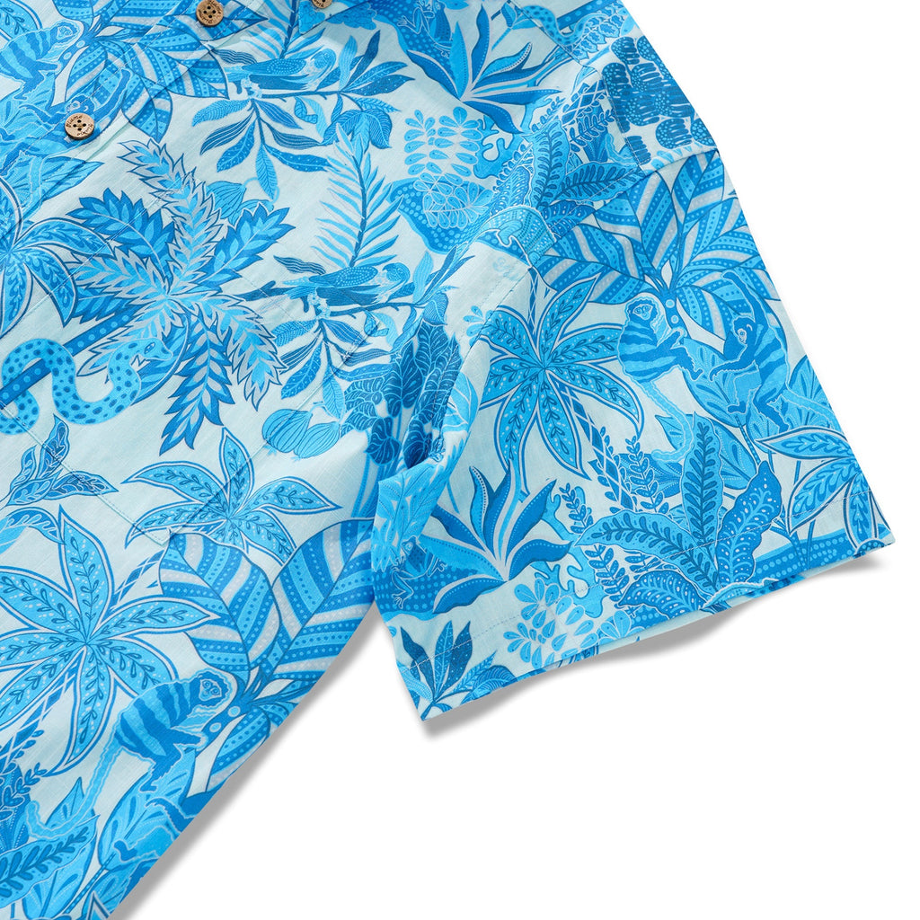 Men's Blue Hawaiian Shirt Tropical Shirt Short Sleeve Button-down 100% Cotton Blue Aloha Jungle Paradise