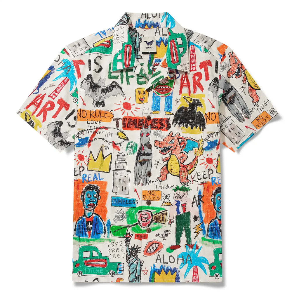 Men's Hawaiian Shirt Short Sleeve Camp Collar 100% Cotton Orange Aloha Graffiti World