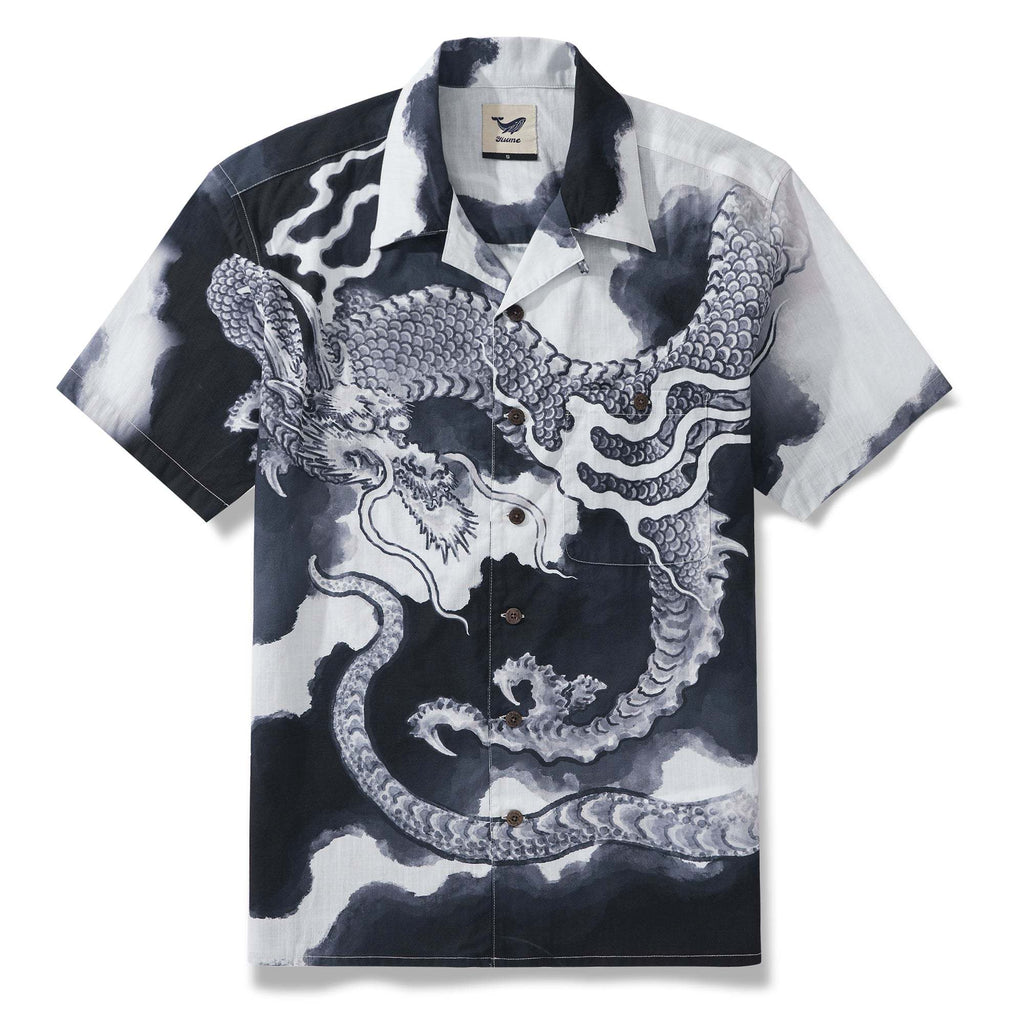 Dragon Riding the Clouds By Ayang 100% Cotton Men's Aloha Hawaiian Short Sleeve Camp Collar Shirt