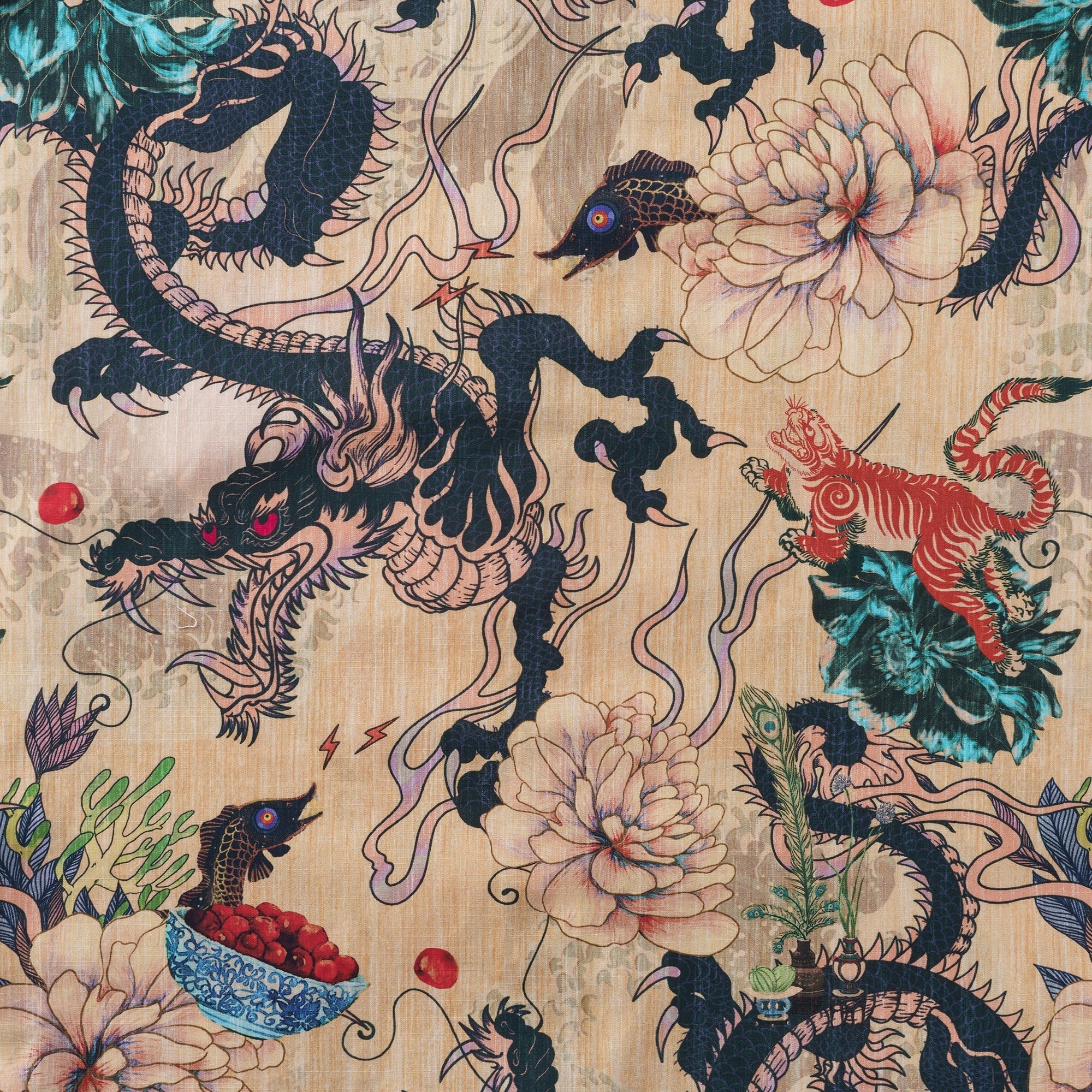 Dragon Shirt 100% Cotton Hawaiian Shirt Men's Short Sleeve Button-down Shirt Aloha Shirt Dragon Dance And Cherry Blossoms
