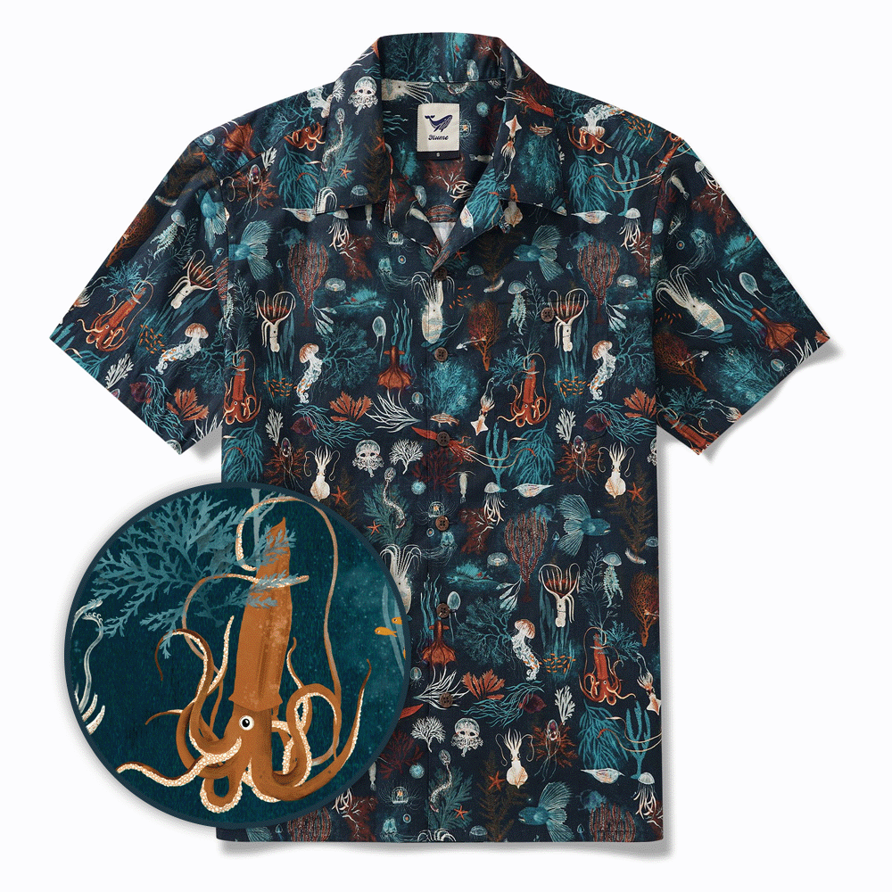Men's Hawaiian Shirt Short Sleeve Camp Collar 100% Cotton Blue Aloha Underwater Love By Katherine Quinn