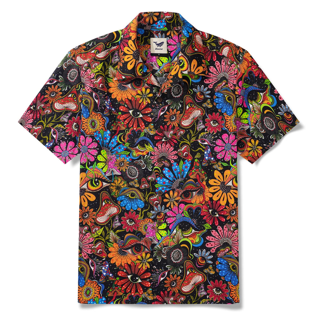 Men's Hawaiian Shirt Short Sleeve Camp Collar 100% Cotton Yellow Aloha Psychedelic Starry Hippie