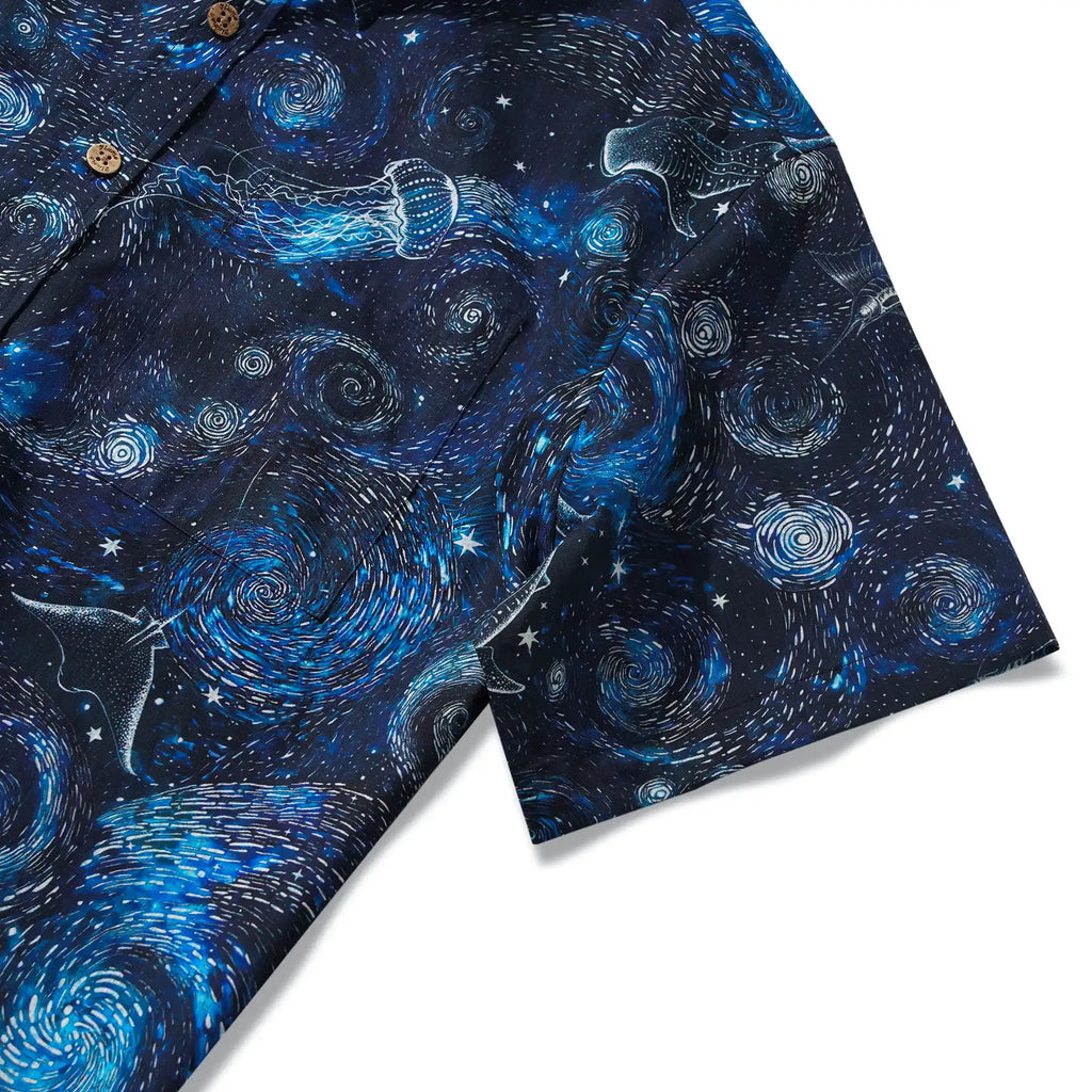 Men's Hawaiian Shirt Short Sleeve Button-down 100% Cotton Blue Aloha Dreams Of The Starry Sea Jellyfish Whale